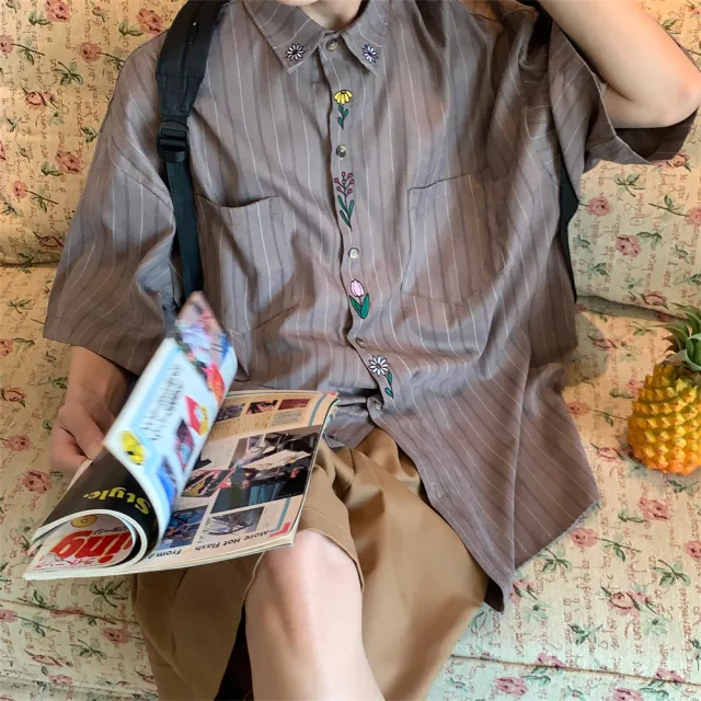 Vintage Embroidered Vertical Striped Short Sleeve Shirt Smoky Gray - Shop at LoveMi