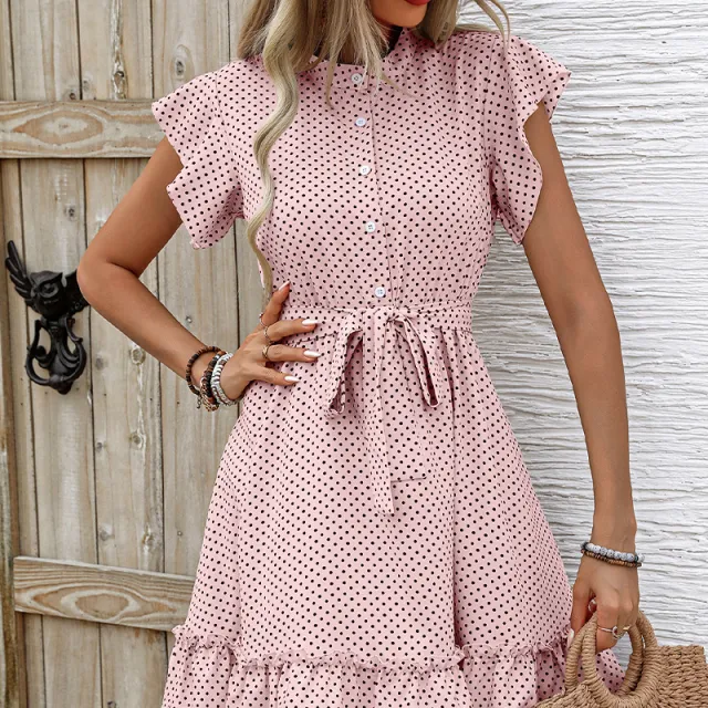 Elegant Polka Dot Ruffle Sleeve A Line Skirt Pink - Shop at LoveMi