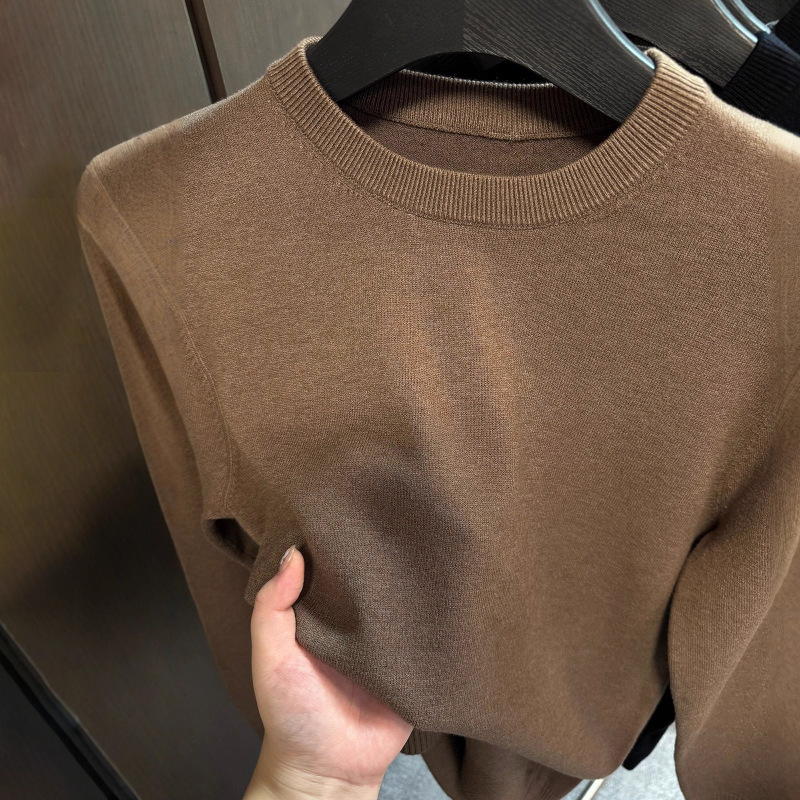 Crew-neck Casual Long-sleeve Solid-color Knit Bottoming Shirt