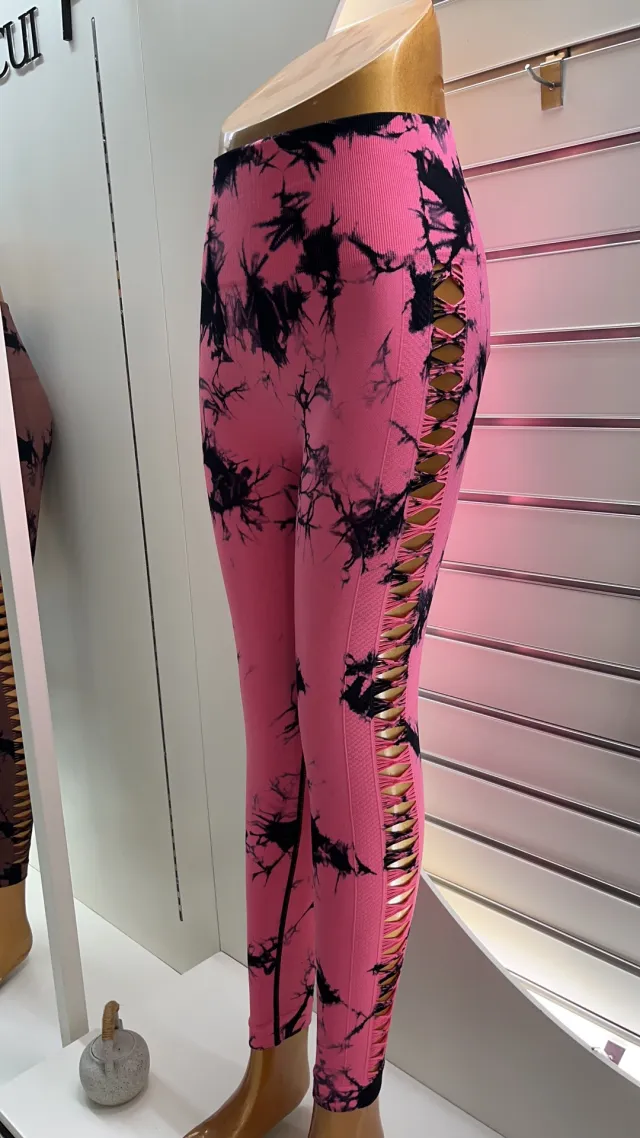Sports Breathable Quick drying Side Hollow Tie dye Yoga Pants Pink - Shop at LoveMi