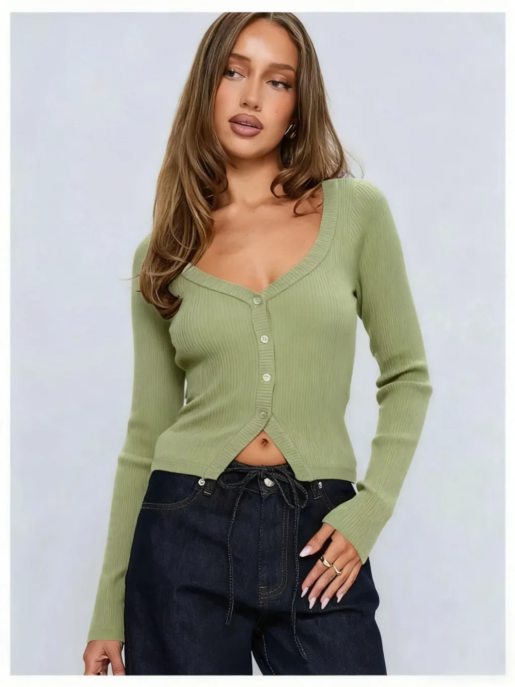 Women's European And American-style Long-sleeved Slim-fit Cropped Knit Top - Matcha-Xxl