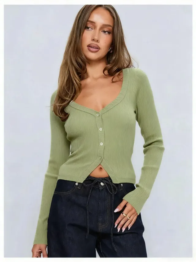 Women's European And American style Long sleeved Slim fit Cropped Knit Top Matcha Xxl - Shop at LoveMi