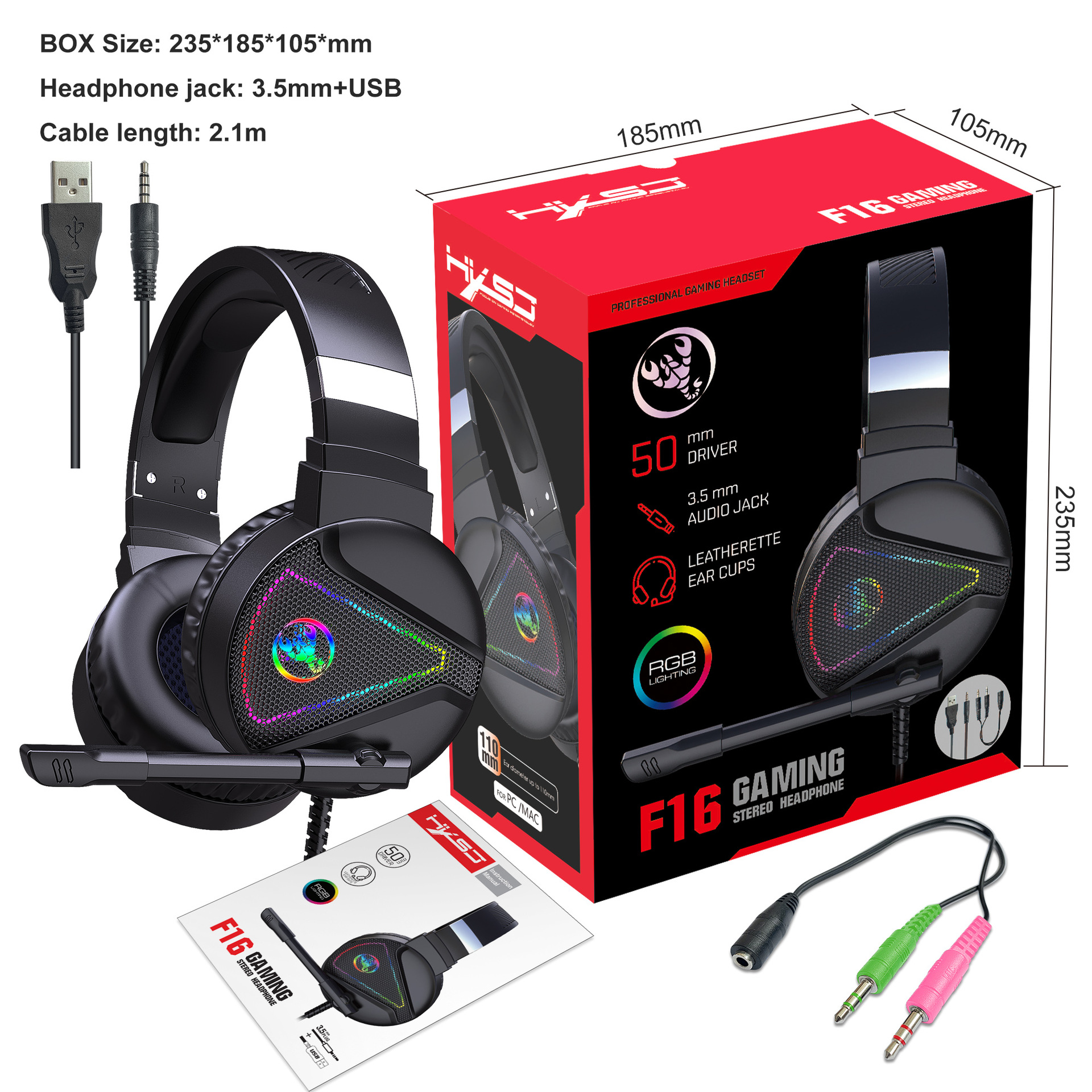 RGB Luminous Gaming Headset ABS Wired Over-Ear Headphones with Mic - 第 10/10 張圖片