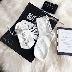 Ribbon Cross Strap Bow Vertical Pure Cotton Girl Student Lace-up Socks - White Socks Grey Ribbon - View 1
