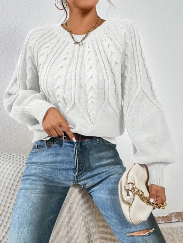 Round Neck Knitted Sweater Female Twist Thread Solid Color Versatile Casual Top White - Shop at LoveMi