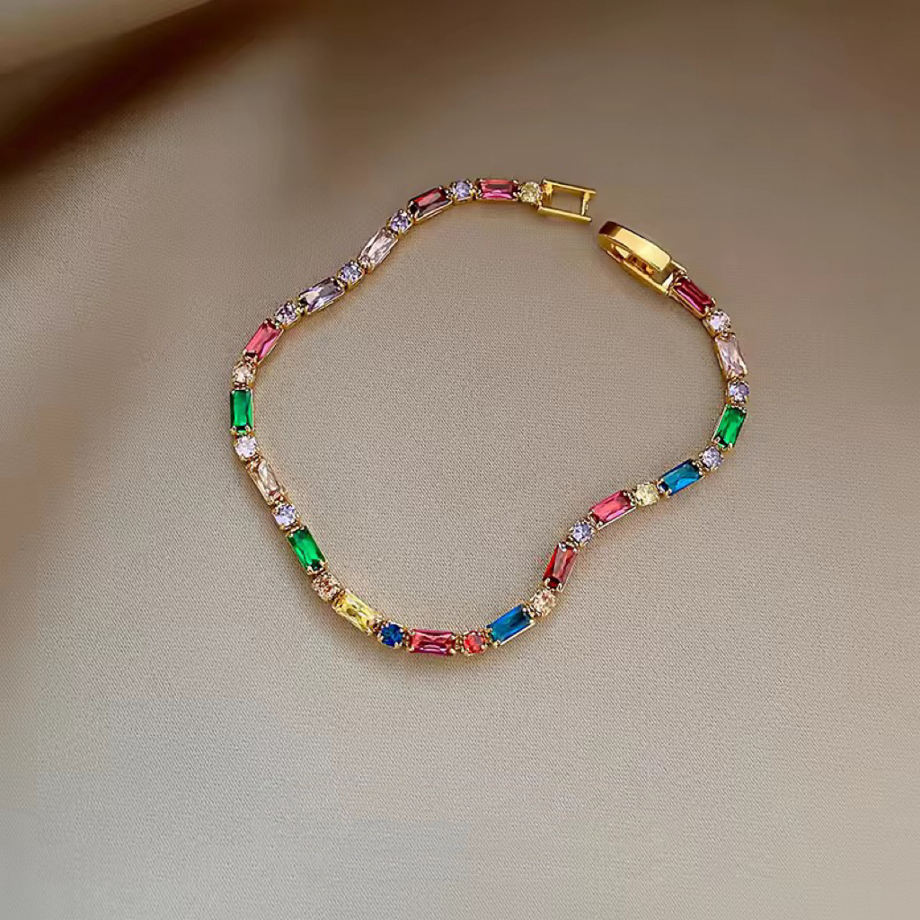 Women's Retro Simple Versatile Multi-color Zircon Long Necklace Bracelet