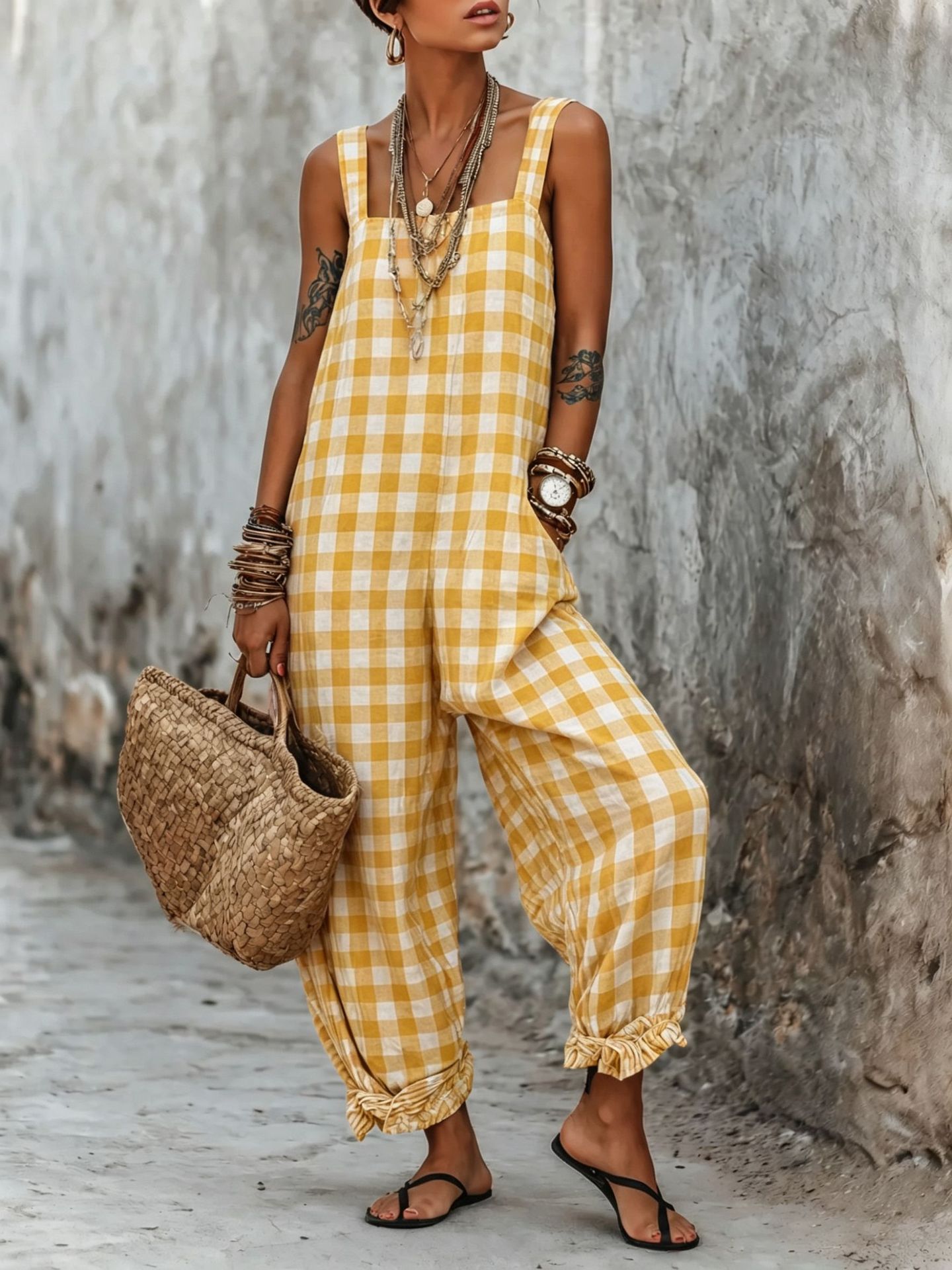 Linen blend sleeveless high-waist wide-leg overalls jumpsuit Sky Blue colorway – women's boho casual summer outfit