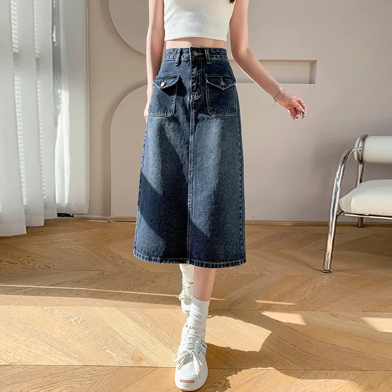 High Waist Denim Back Slit Skirt Slimming Casual A- Line - Blue