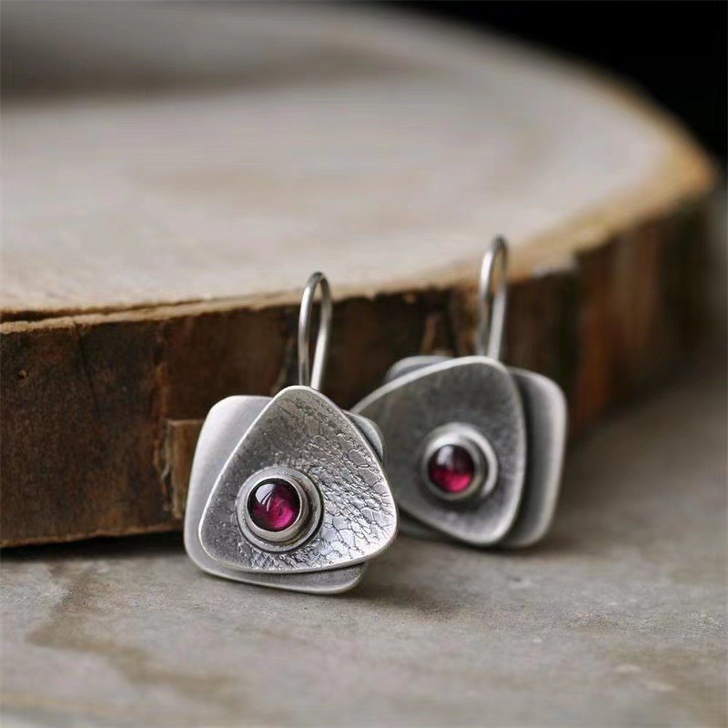 Retro European And American Double-Layer Geometric Earrings Inlaid With Rubies