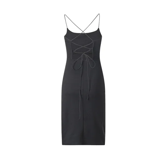 New European And American Sexy Backless Slit Slim Sleeveless Sling Dress Black - Shop at LoveMi