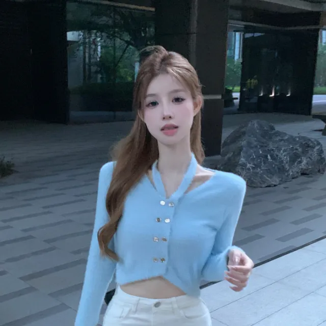 Knitted Cardigan Sweater Outer Tops Women Blue - Shop at LoveMi
