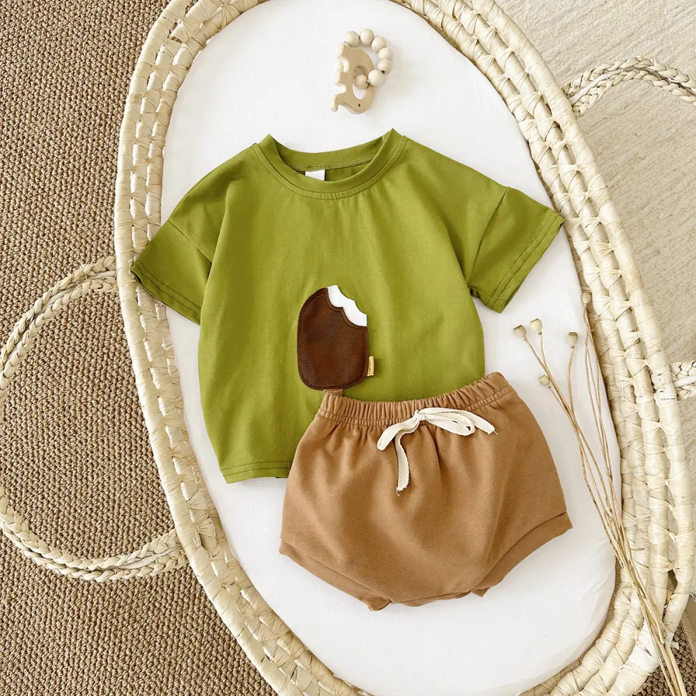 Girls' Casual Round Neck Cotton Ice Cream Patch Short