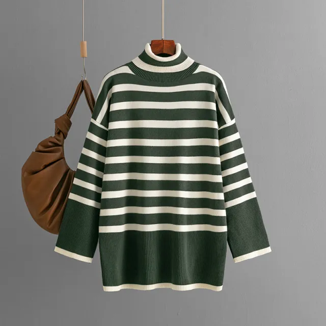 Striped Turtleneck Sweater Women's Loose Design Green - Shop at LoveMi