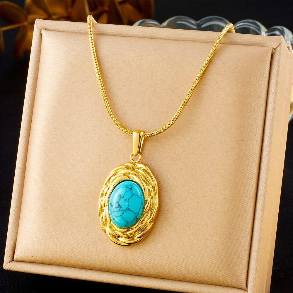 French Style Retro Design Twist Oval Turquoise Accessories Ring Earrings And Necklace Set