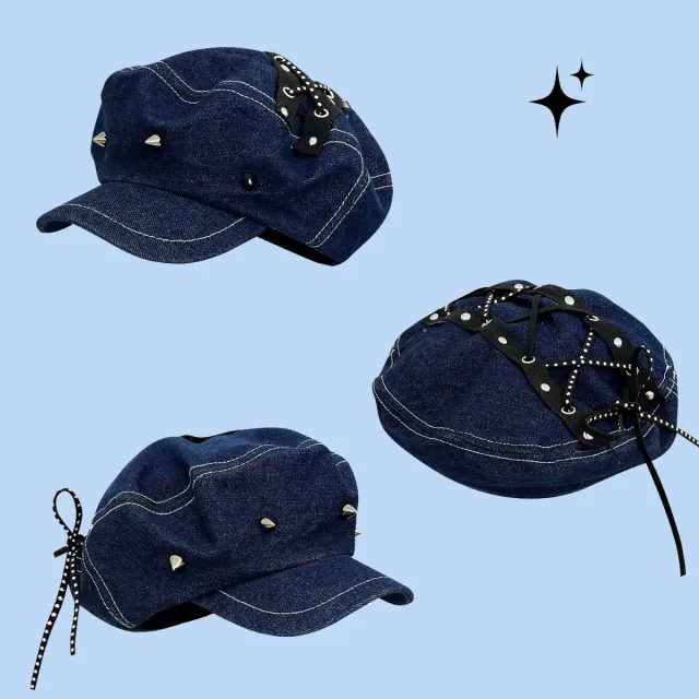 Denim Octagonal Cap Women's New All match Plain Face Fashion Small Face Dark Blue - Shop at LoveMi