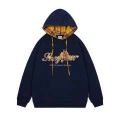 Plaid Applique Letters Hooded Sweater - Black - View 1
