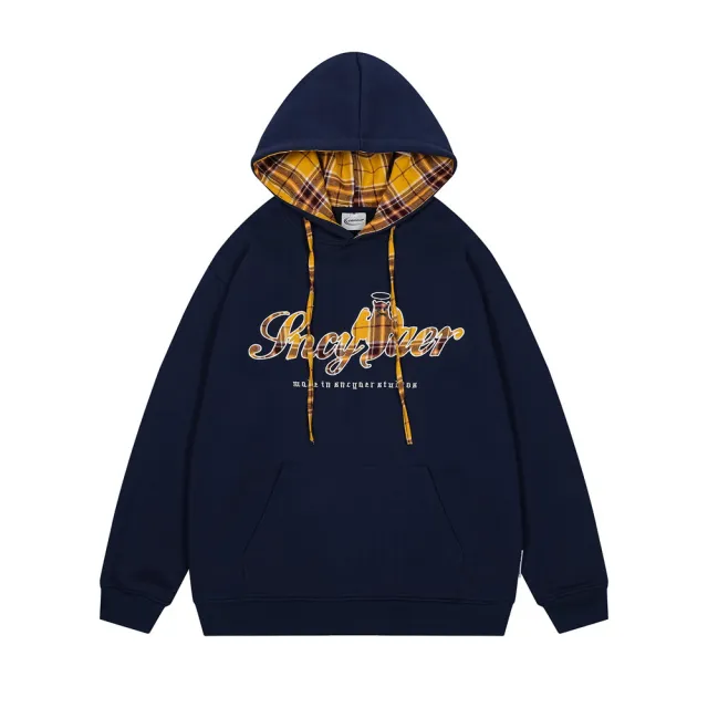 Plaid Applique Letters Hooded Sweater Black - Shop at LoveMi