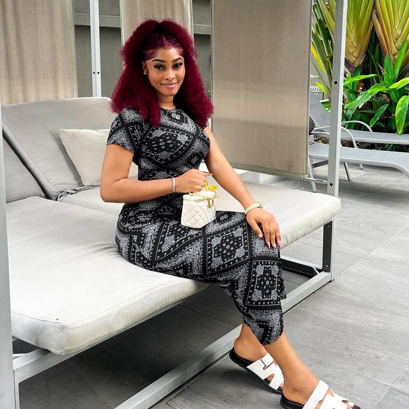 Women's Short Sleeve Vintage Printed High Waist Dress