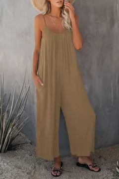 Women's Fashion Solid Color Pocket Loose Casual Sling Jumpsuit - Khaki - View 1
