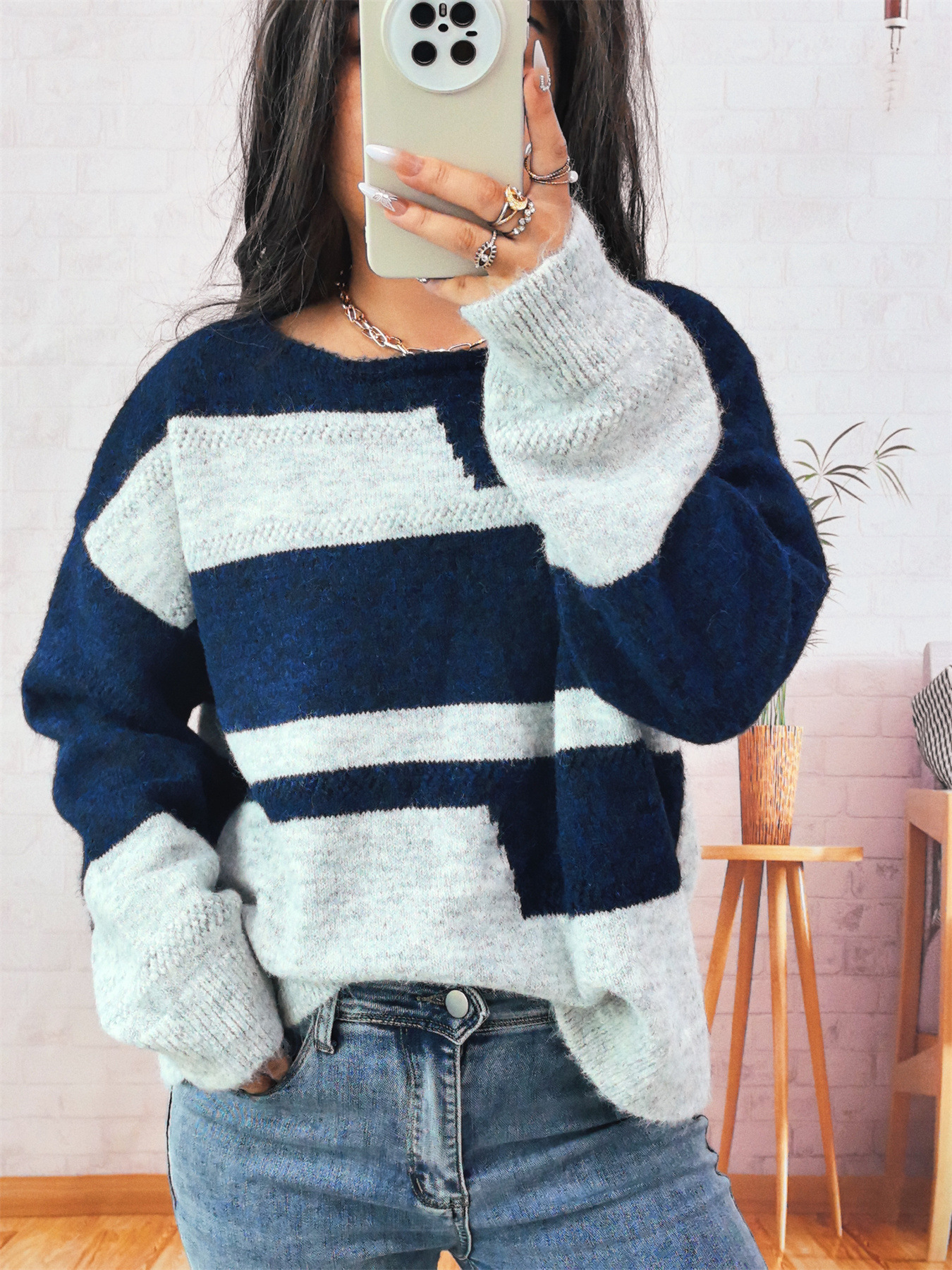 Simple Commute Irregular Contrast Color Round Neck Long Sleeve Sweater