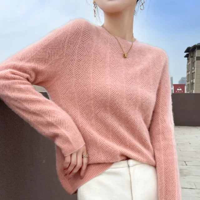 Pure Wool Round Neck Sweater Women's Hollow Top Pink - Shop at LoveMi