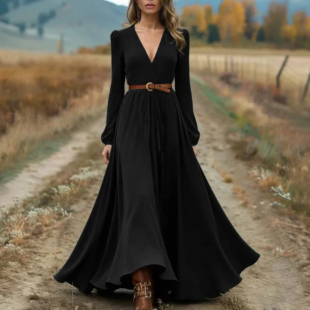 Elegant Western Style Cross Collar Long Sleeve Dress Black - Shop at LoveMi