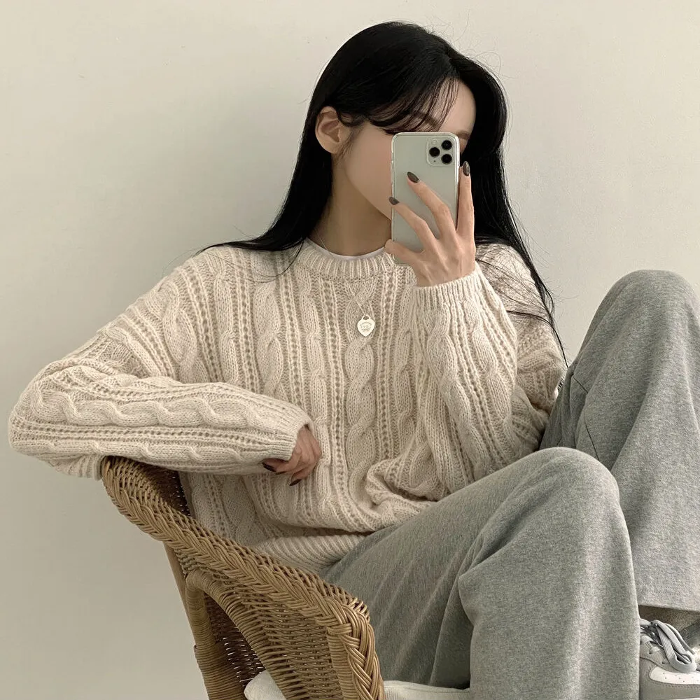 Thick Twist Sweater Idle Style Round Neck Solid Colour Pullover Long Sleeve - Apricot