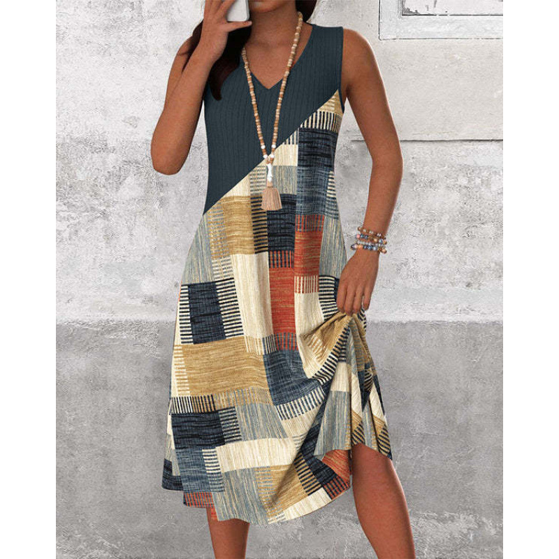 Womens Casual Versatile V-Neck Sleeveless Colorblock Dress