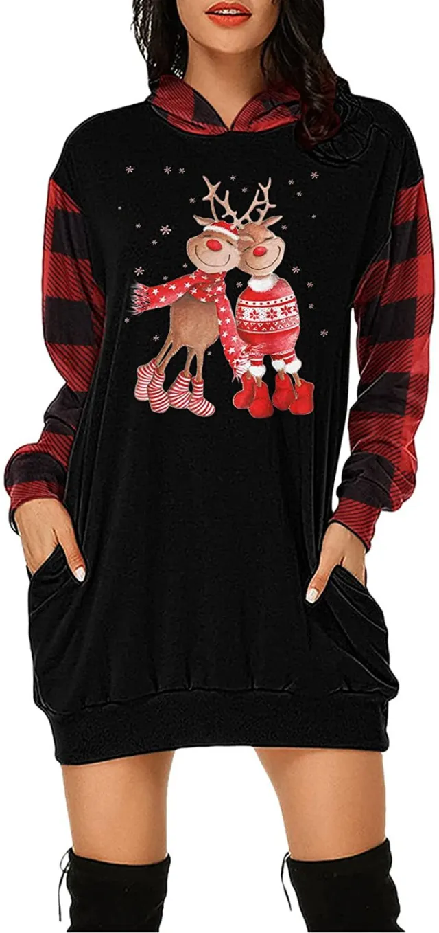 Christmas City Casual Hooded Loose fitting Dress 1Style L - Shop at LoveMi