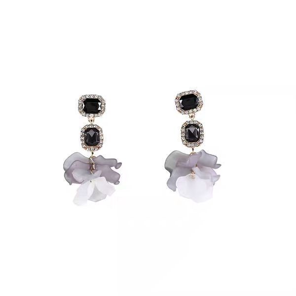 925 Silver Needle Crystal Stud Black Rose Petals Eardrops Frosty Style Earrings