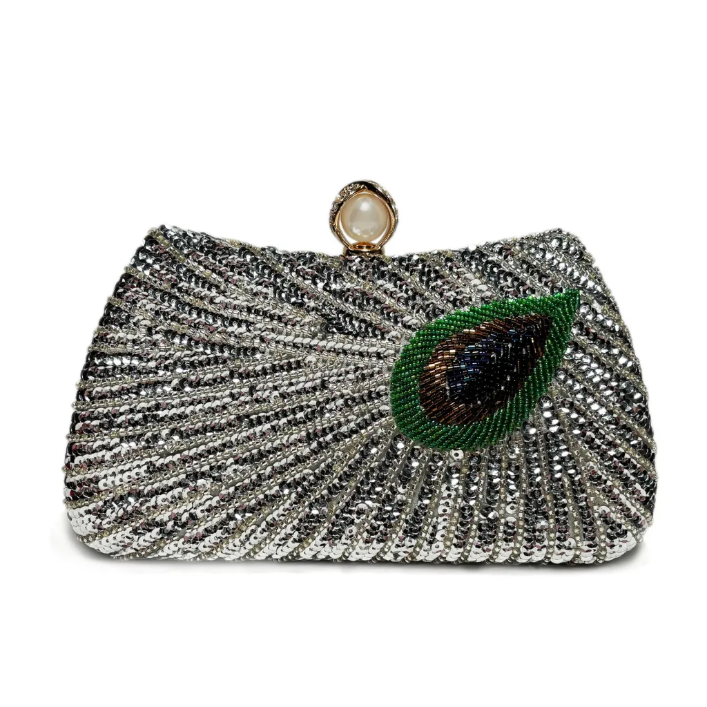 Beaded Peacock Feather Large Pearl Rhinestone Large Capacity Crossbody Shoulder Bag - Gray