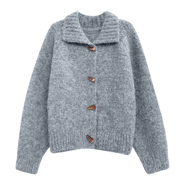 Retro Horn Button Solid Color Sweater Coat For Women Gray - Shop at LoveMi