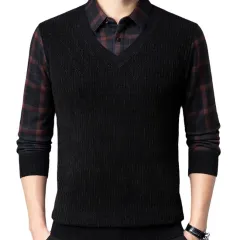 Men's Fleece-lined Thickened Knitting Sweater Bottoming Shirt - Purple - View 1