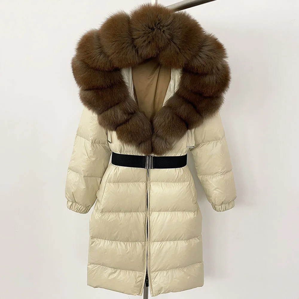 Women's Long Cinched Hoodie Real Fox Collar Fur Down Jacket Coat - Beige Imitated Mink