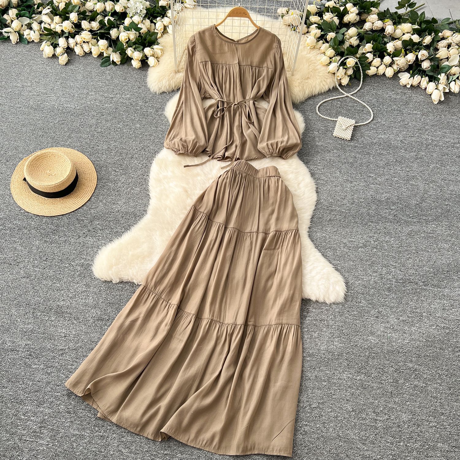 Suit Women's Spring French Style Lace-up Waist-controlled Round Neck Long Sleeve Shirt High Waist Drooping Skirt