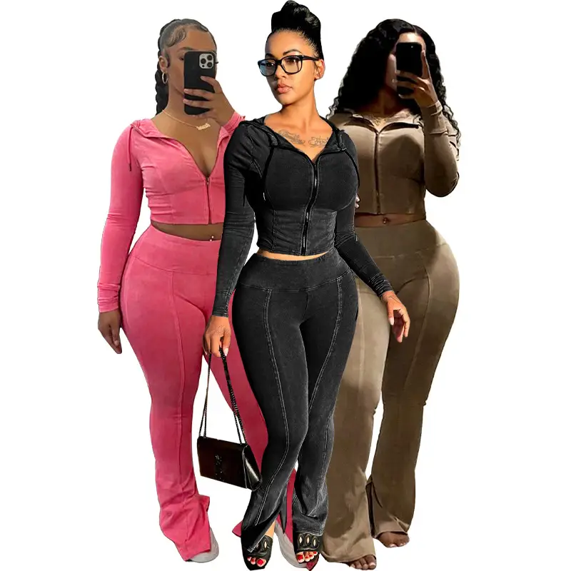 Women's Washed Hooded Bell-bottom Pants Casual Suit