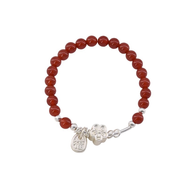 Rare Chinese-style Design Red Agate Flower And Fu Character Bracelet