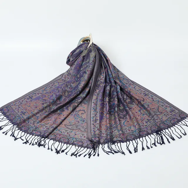Export Scarf Ethnic Style Jacquard Cashew Tassel Shawl Navy Blue - Shop at LoveMi