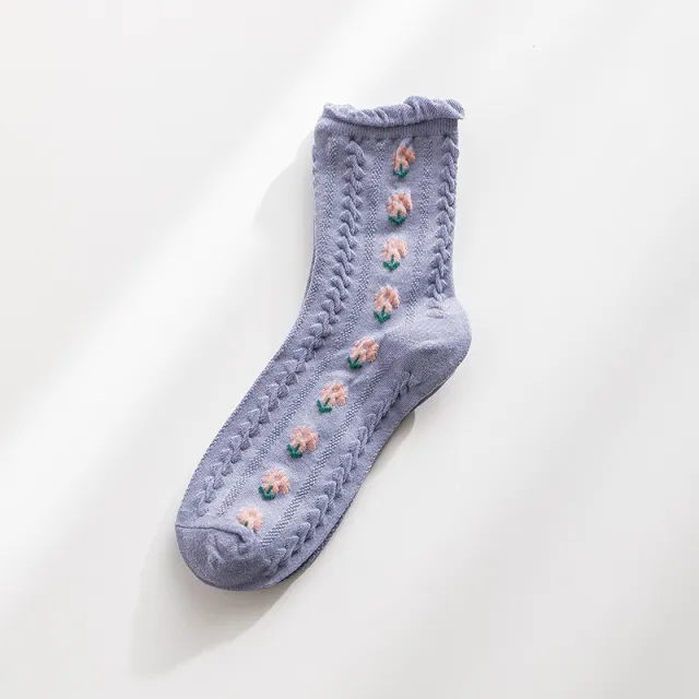 Women's Socks Autumn And Winter Jk Tube Socks Wooden Ear Japanese Cute Flowers Sweet Girl Lolita Purified Cotton Stockings Purple - Shop at LoveMi
