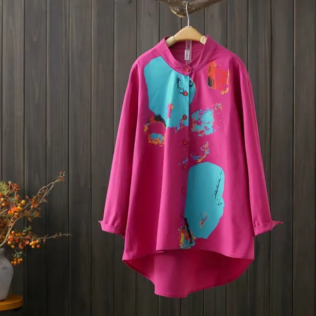 Asymmetric Mid length Cotton Linen Round neck Shirt Rose - Shop at LoveMi