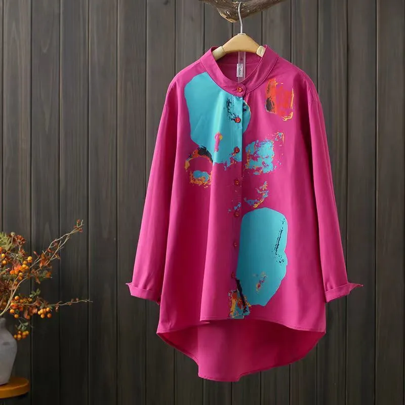 Asymmetric Mid-length Cotton Linen Round-neck Shirt - Rose