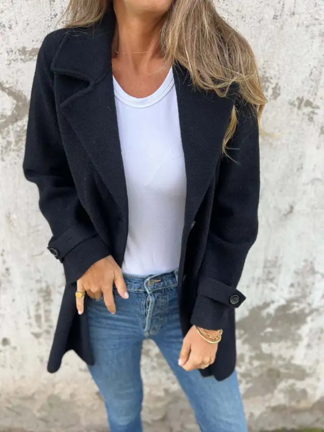Women's Woolen Coat Casual Loose Lapels Faux Pocket Cardigan Wool Overcoat Black - Shop at LoveMi