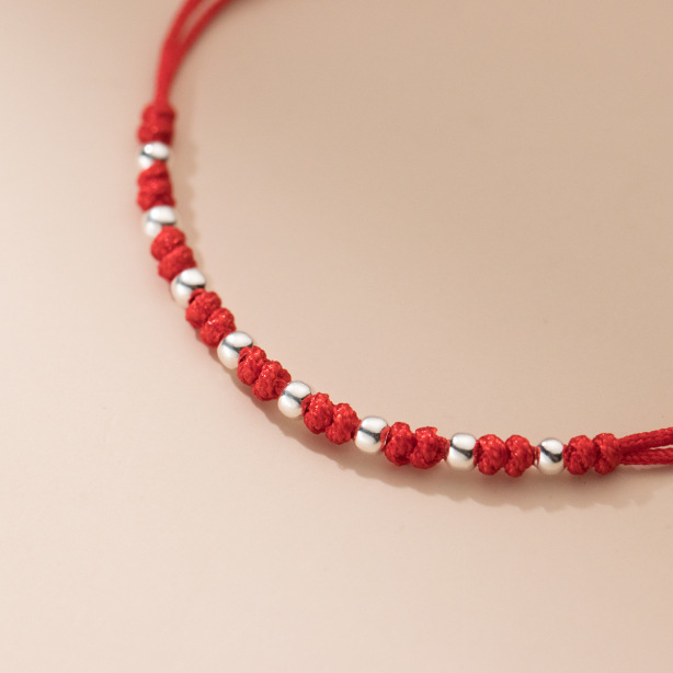 S925 Silver Simple Interval 8 Pieces Light Bead Red Rope Hand-woven