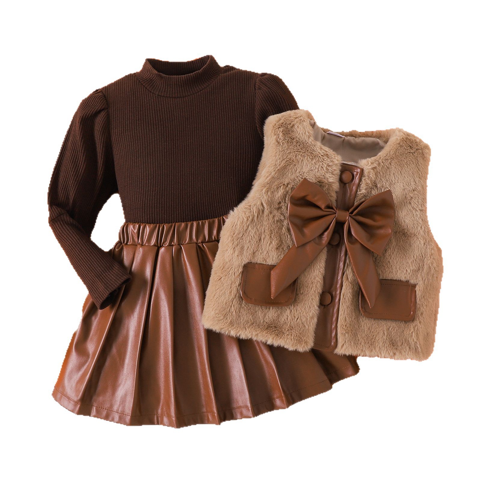 Three-piece Set Of Long-sleeve Base PU Leather Skirt - Image 4