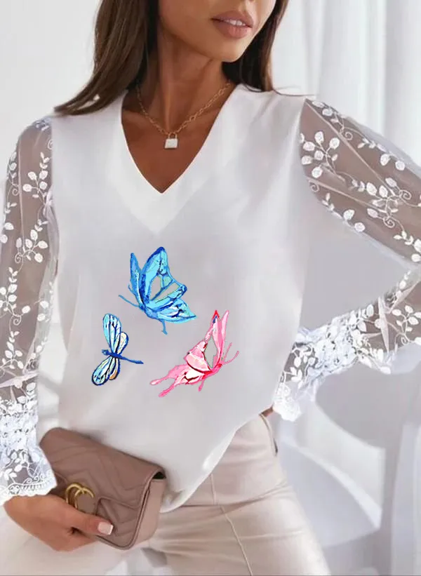 Dragonfly Printed V neck Lace Sleeve Sun Protection Women's T shirt Bottoming Shirt Butterfly Dragonfly White - Shop at LoveMi