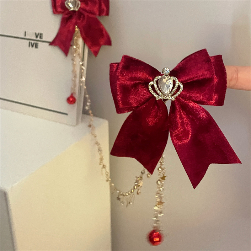 New Year Red Bell Crown Bow Tassel Hair Clip