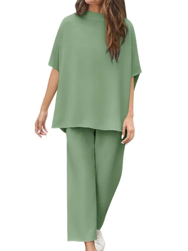 Casual Dolman Sleeve Pullover Wide Leg Pants Suit Green - Shop at LoveMi