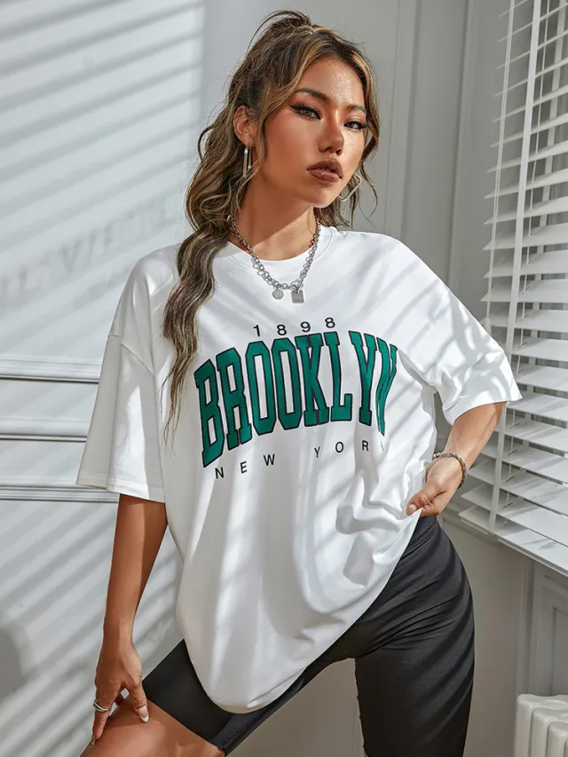 Summer Fashion Casual European And American Pattern Printing Large Size Drop Shoulder Women's T shirt White 1 - Shop at LoveMi