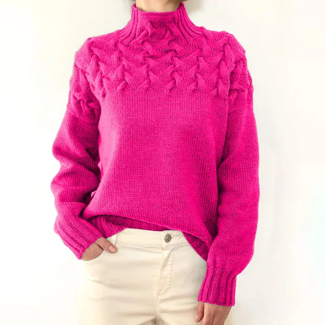 Fashion Cable Braided Detail Turtleneck Long Sleeve Sweater Women Rose Red - Shop at LoveMi