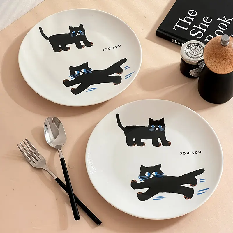 Ceramic Dinner Plate Black Cat Breakfast Household Good-looking Tableware